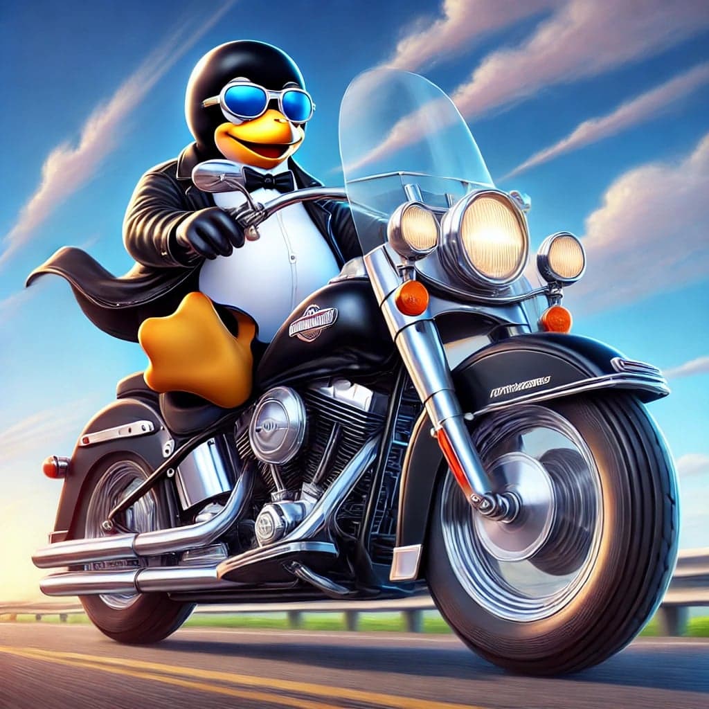 Tux le pingouin Linux sur une moto